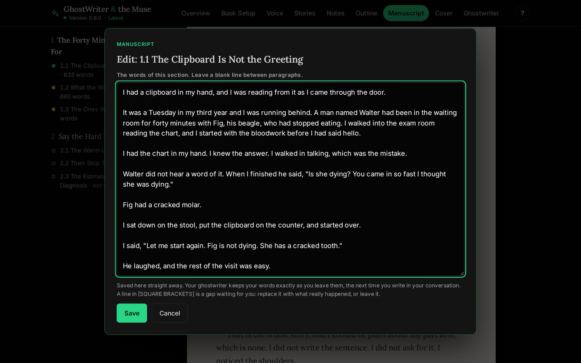 The edit box for one section of a sample chapter: the words of the section in a large box, with Save and Cancel buttons