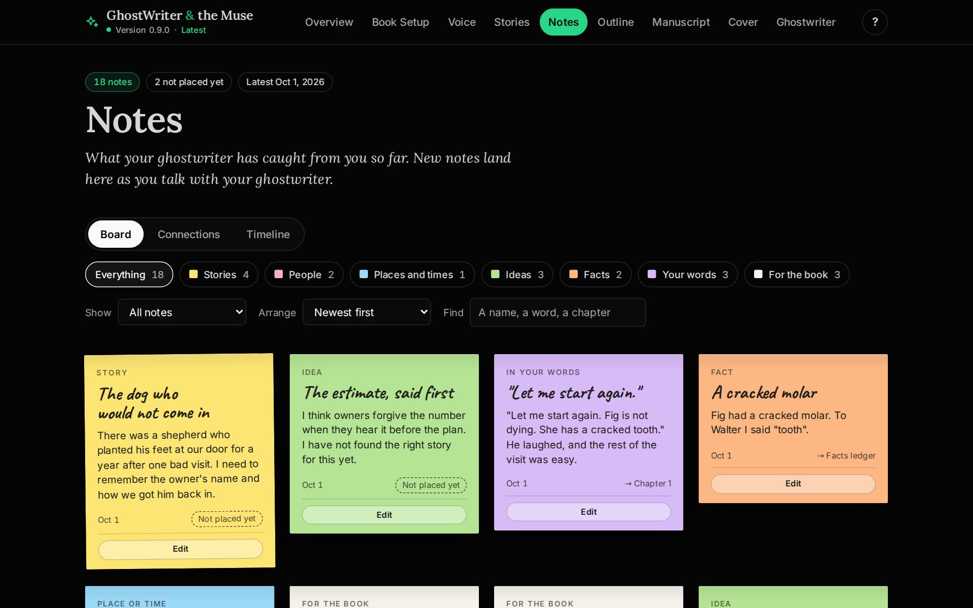 The Notes page for a sample book: a board of colored sticky notes, each holding a story, a person, or a detail the author shared