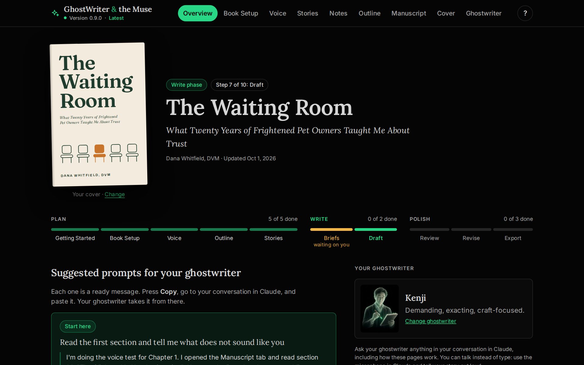 The Overview page for a sample book: the cover the author chose beside the title, the ten steps with the current one marked, suggested prompts, and the version in use under the product name