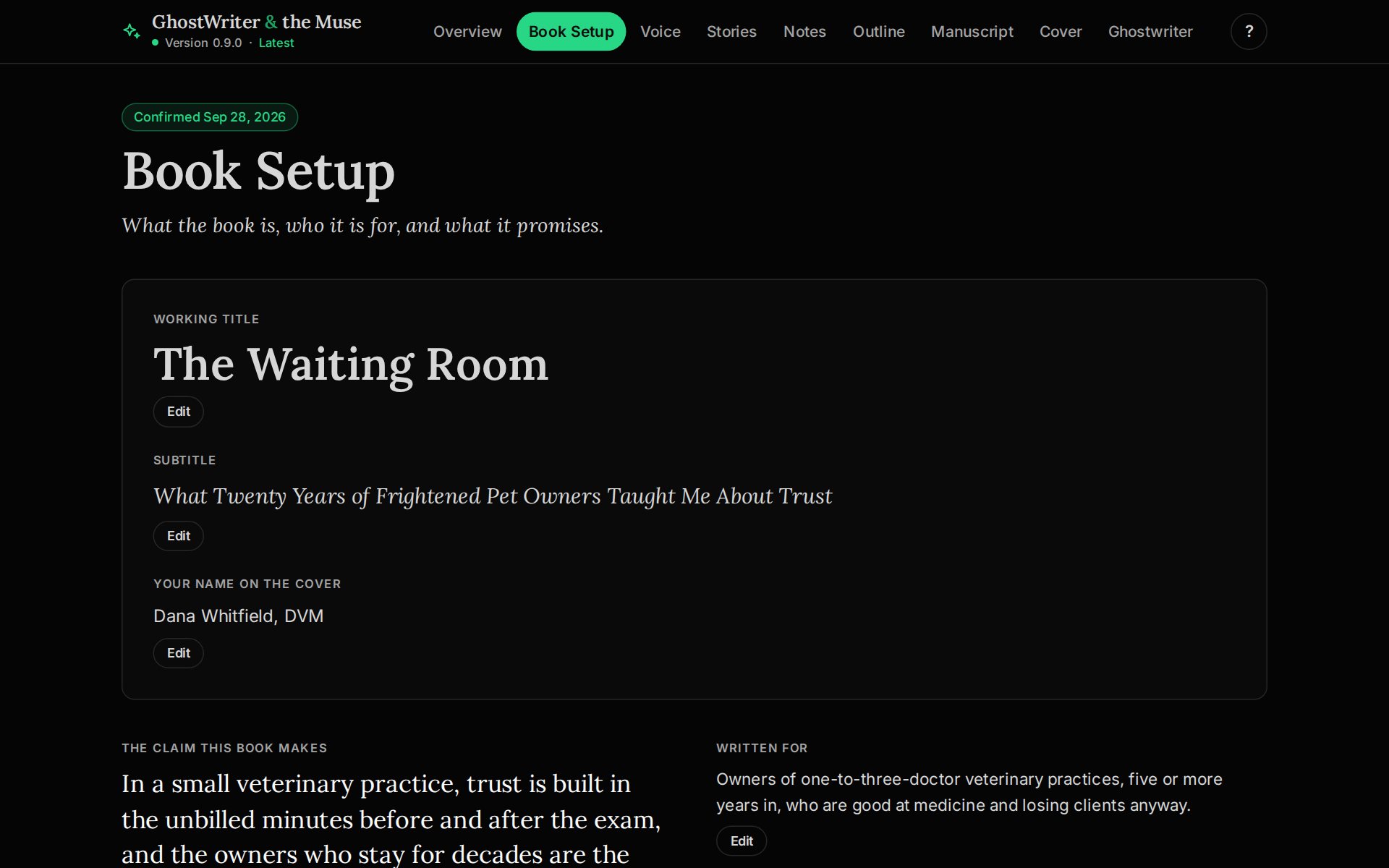 The Book Setup page for a sample book: the working title, subtitle, and name on the cover, each with an Edit button