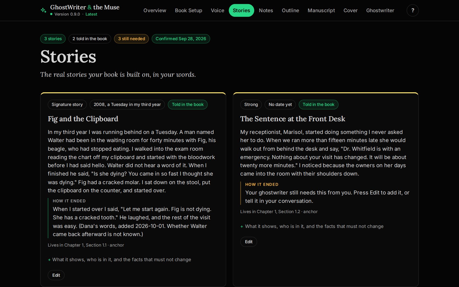 The Stories page for a sample book: each real story on its own card, with when it happened and how it ended